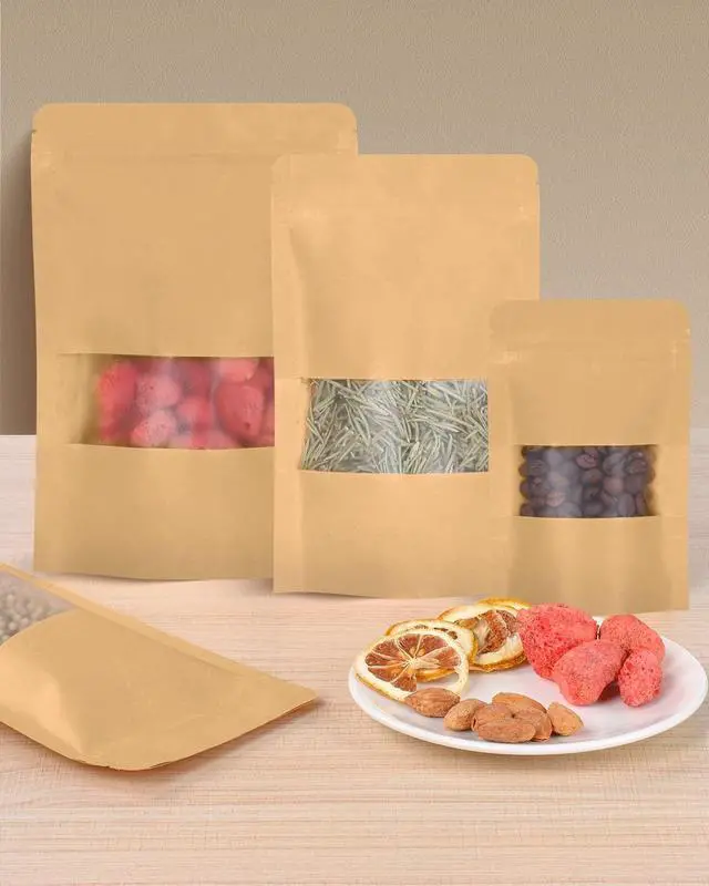 Alt view image 7 of 7 - 100pcs Kraft Bags with Window 3.5x5.5 Inches Brown Reusable Sealable Zip Lock Food Storage Stand up Paper Pouches for Home or Business