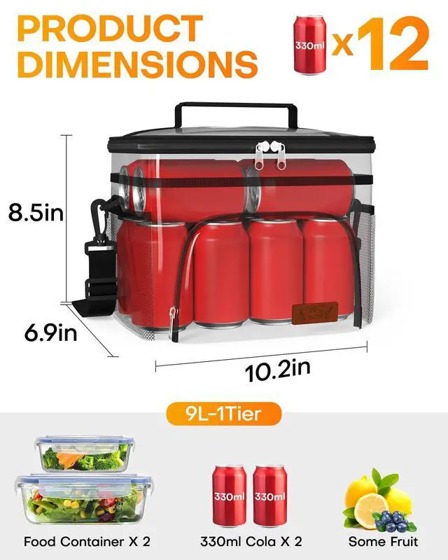 Alt view image 4 of 7 - HOTOR Insulated Lunch Box for Men & Women - Leak-Proof Cooler Lunch Bag with 4 Pockets, Adjustable Strap, Ideal for Work, Picnic, Travel - Medium, Black, 10.2"×6.9"×8.5"