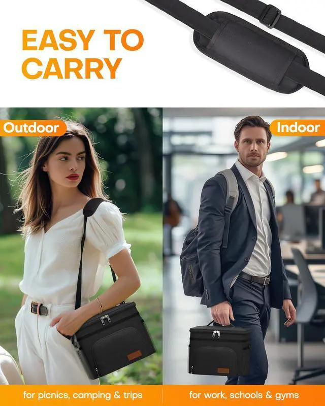 Alt view image 7 of 7 - HOTOR Insulated Lunch Box for Men & Women - Leak-Proof Cooler Lunch Bag with 4 Pockets, Adjustable Strap, Ideal for Work, Picnic, Travel - Medium, Black, 10.2"×6.9"×8.5"