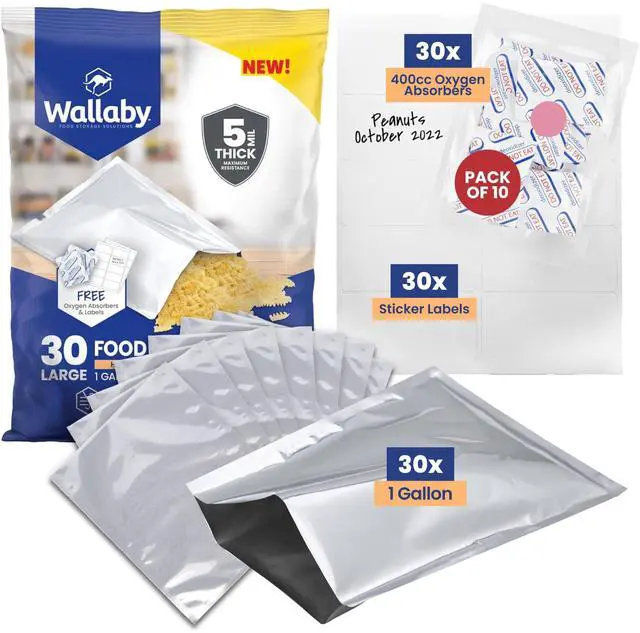 Main image of 30 Count 1-Gallon Mylar Bags with 400cc Oxygen Absorbers, 10 Mil Total Thickness Long-Term Food Storage Pouches, 10x14 Heat-Sealable Airtight Packaging - Silver