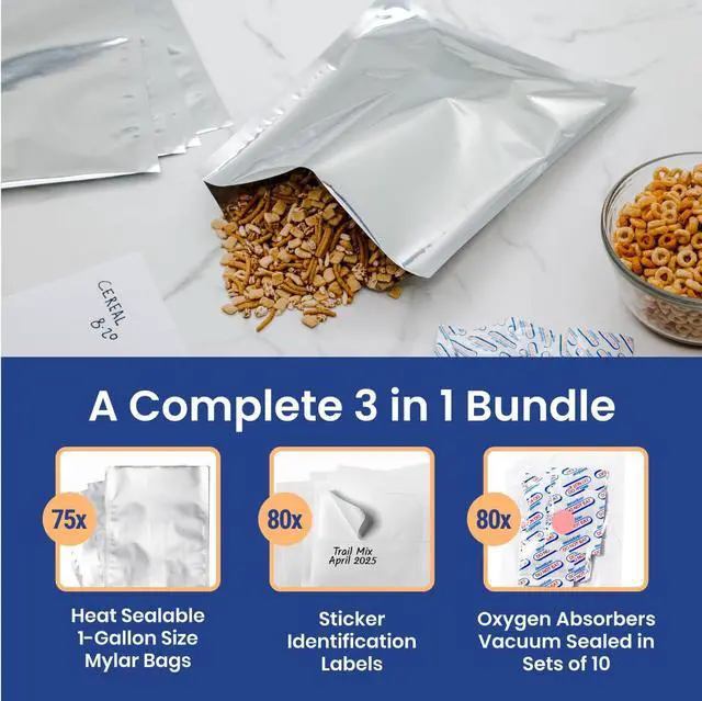Alt view image 3 of 6 - 30 Count 1-Gallon Mylar Bags with 400cc Oxygen Absorbers, 10 Mil Total Thickness Long-Term Food Storage Pouches, 10x14 Heat-Sealable Airtight Packaging - Silver