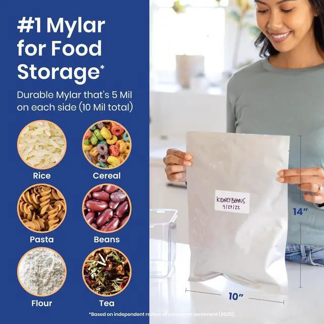 Alt view image 6 of 6 - 30 Count 1-Gallon Mylar Bags with 400cc Oxygen Absorbers, 10 Mil Total Thickness Long-Term Food Storage Pouches, 10x14 Heat-Sealable Airtight Packaging - Silver