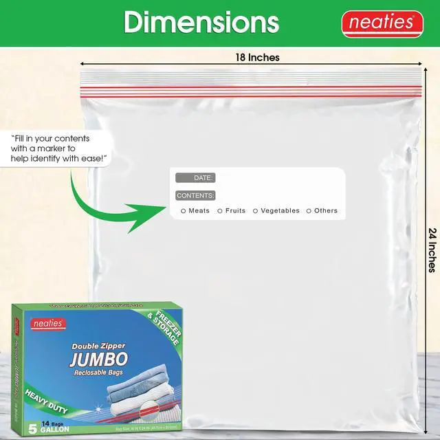 Alt view image 2 of 6 - 5 Gallon Resealable Bags Heavy Duty Jumbo Freezer Bags with Dual Zipper 18x24" Extra Large with Writable Space for Kitchen or Home Storage BPA-Free Food Grade Plastic 14 Pack