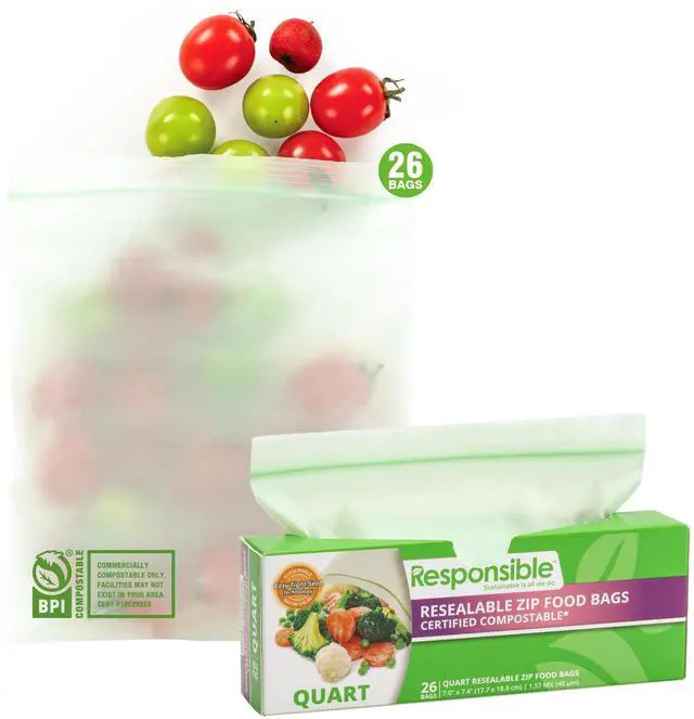 Main image of Certified Compostable QUART Resealable Zip Bag, Extra Strength Food Bags, Plant-Based Freezer-Safe (26 Pack)