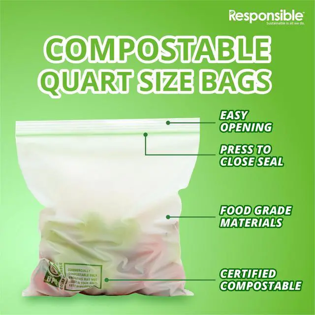 Alt view image 3 of 5 - Certified Compostable QUART Resealable Zip Bag, Extra Strength Food Bags, Plant-Based Freezer-Safe (26 Pack)