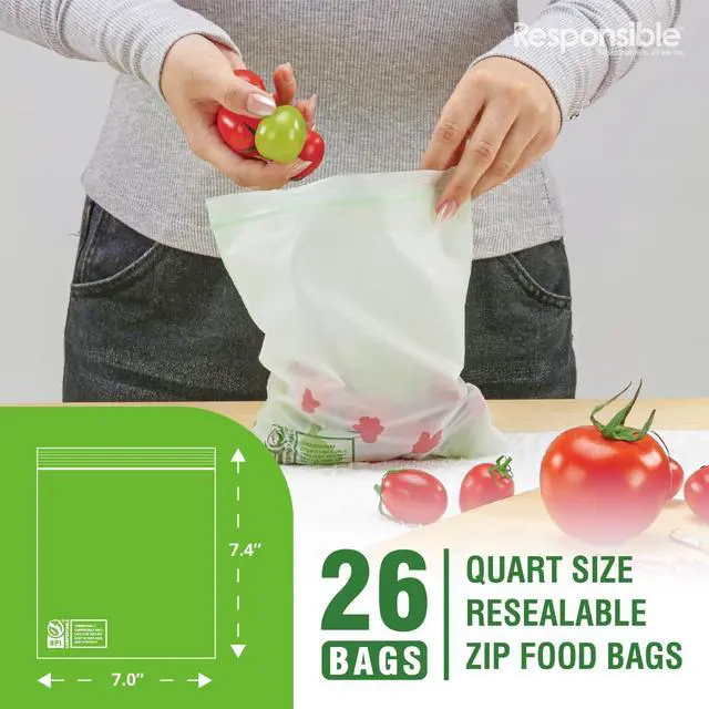 Alt view image 2 of 5 - Certified Compostable QUART Resealable Zip Bag, Extra Strength Food Bags, Plant-Based Freezer-Safe (26 Pack)