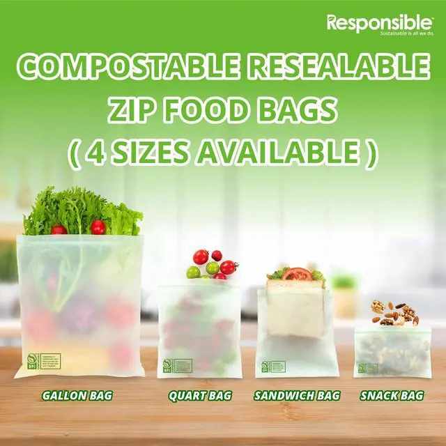 Alt view image 4 of 5 - Certified Compostable QUART Resealable Zip Bag, Extra Strength Food Bags, Plant-Based Freezer-Safe (26 Pack)