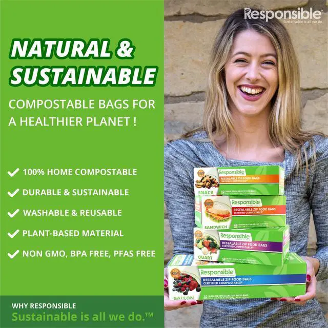 Alt view image 5 of 5 - Certified Compostable QUART Resealable Zip Bag, Extra Strength Food Bags, Plant-Based Freezer-Safe (26 Pack)