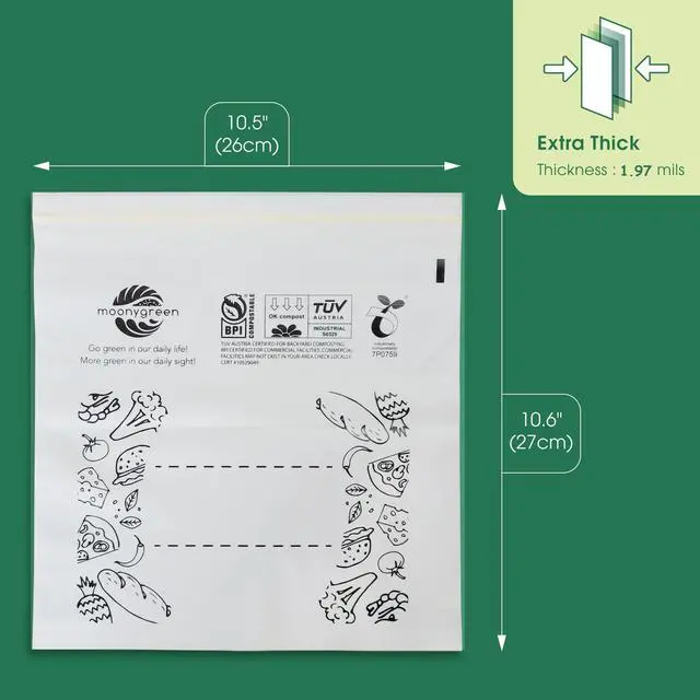 Alt view image 2 of 6 - Compostable Food Storage Bags, Large Gallon Resealable Freezer Bags, 50 Count, 10.5 x 10.6 inches, PFAS & BPA FREE, Certified US BPI ASTM D6400 Europe OK Compost