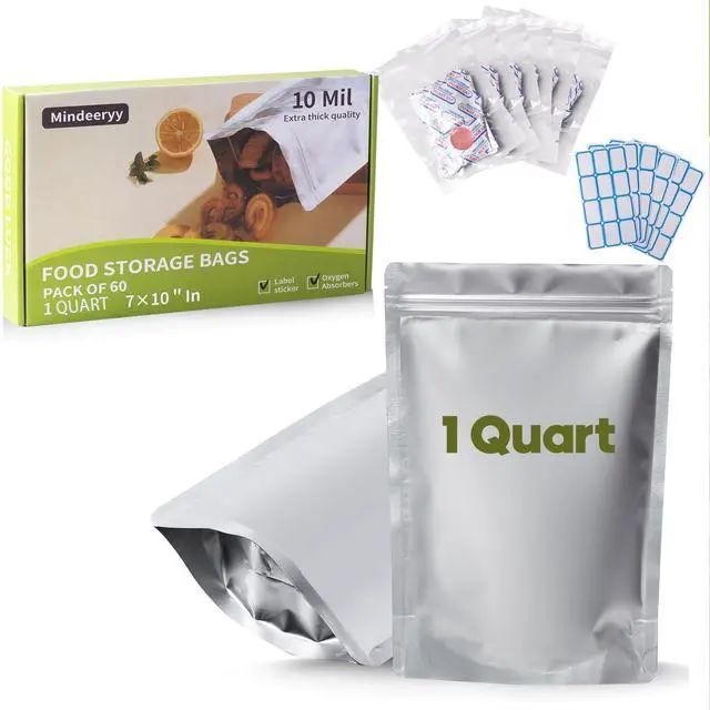 Main image of 60pcs 1 Quart Mylar Bags for Food Storage with Oxygen Absorbers and Labels
