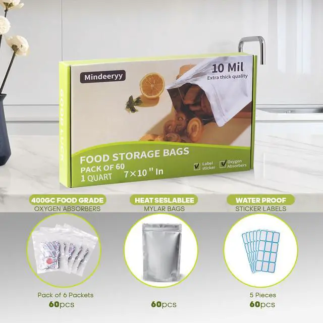 Alt view image 2 of 5 - 60pcs 1 Quart Mylar Bags for Food Storage with Oxygen Absorbers and Labels