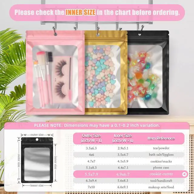 Alt view image 2 of 7 - 100 Pack Mylar Resealable Bags Foil Packaging Bags with Frosted Clear Window, Zipper Bag Smell Proof Pouch for Food Storage, Cookies, Sample, Small Business(Black, 5.5x7.9inch)