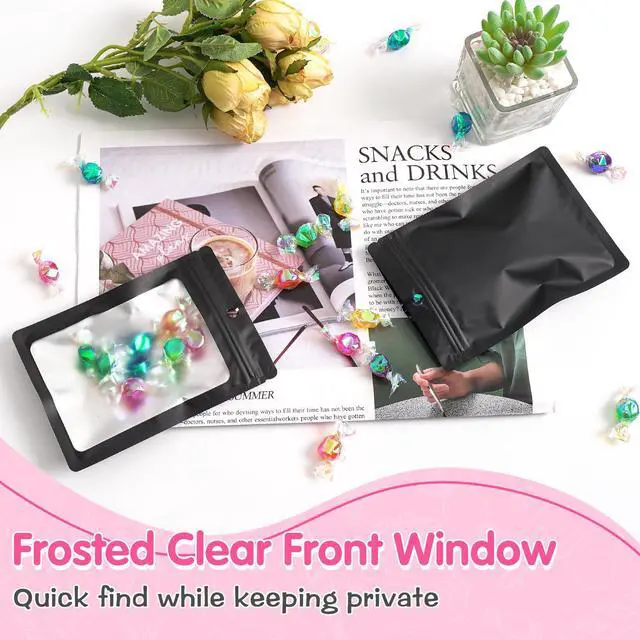 Alt view image 4 of 7 - 100 Pack Mylar Resealable Bags Foil Packaging Bags with Frosted Clear Window, Zipper Bag Smell Proof Pouch for Food Storage, Cookies, Sample, Small Business(Black, 5.5x7.9inch)