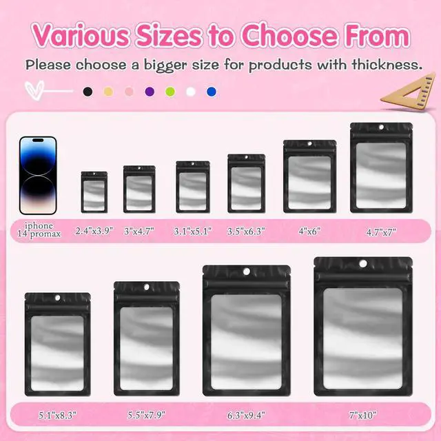 Alt view image 5 of 7 - 100 Pack Mylar Resealable Bags Foil Packaging Bags with Frosted Clear Window, Zipper Bag Smell Proof Pouch for Food Storage, Cookies, Sample, Small Business(Black, 5.5x7.9inch)
