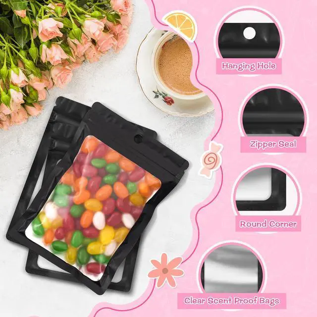 Alt view image 6 of 7 - 100 Pack Mylar Resealable Bags Foil Packaging Bags with Frosted Clear Window, Zipper Bag Smell Proof Pouch for Food Storage, Cookies, Sample, Small Business(Black, 5.5x7.9inch)