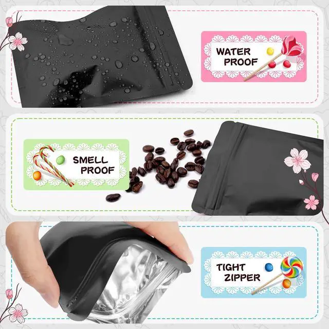 Alt view image 5 of 7 - 100 Pack Black Mylar Packaging Bags Resealable Bags Double Sided Color Odor Proof Pouch Baggies Smell Proof Foil Bag for Food Storage,Small Business(Black,3.1x5.1inch)