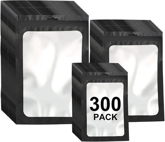Main image of 300 Pack 3 Sizes Resealable Mylar Bags Food Storage Smell Proof Bags with Front Window Packaging Pouch for Sample Snack Cookies Jewelry (Black, 3 x 4.7 inch,4 x 6 inch,4.7 x 7.9 inch)