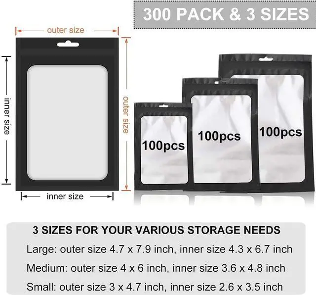 Alt view image 2 of 7 - 300 Pack 3 Sizes Resealable Mylar Bags Food Storage Smell Proof Bags with Front Window Packaging Pouch for Sample Snack Cookies Jewelry (Black, 3 x 4.7 inch,4 x 6 inch,4.7 x 7.9 inch)