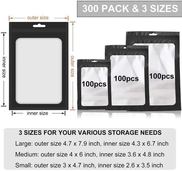 Alt view image 3 of 7 - 300 Pack 3 Sizes Resealable Mylar Bags Food Storage Smell Proof Bags with Front Window Packaging Pouch for Sample Snack Cookies Jewelry (Black, 3 x 4.7 inch,4 x 6 inch,4.7 x 7.9 inch)