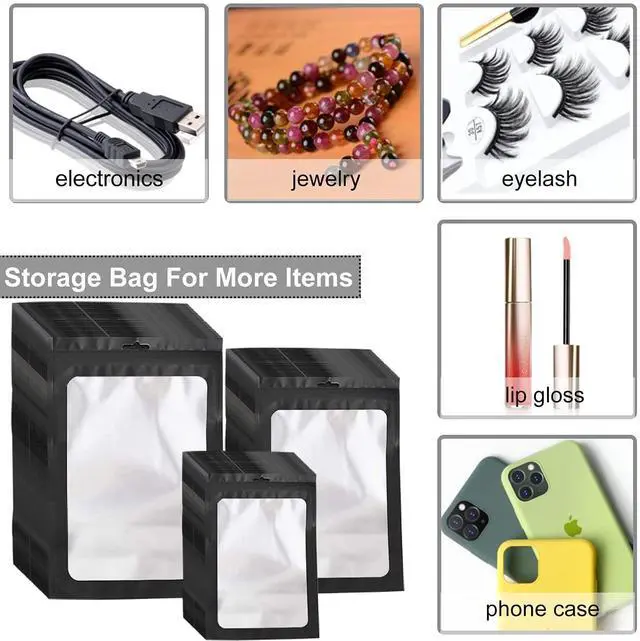 Alt view image 6 of 7 - 300 Pack 3 Sizes Resealable Mylar Bags Food Storage Smell Proof Bags with Front Window Packaging Pouch for Sample Snack Cookies Jewelry (Black, 3 x 4.7 inch,4 x 6 inch,4.7 x 7.9 inch)