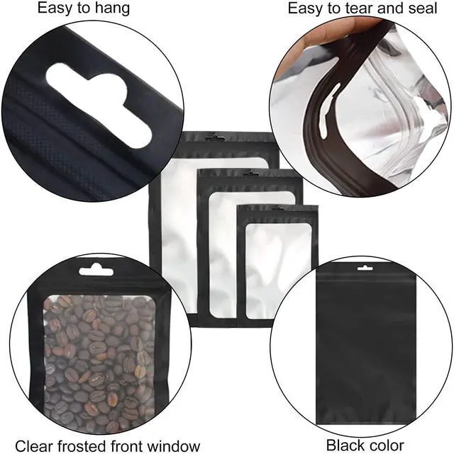 Alt view image 4 of 7 - 300 Pack 3 Sizes Resealable Mylar Bags Food Storage Smell Proof Bags with Front Window Packaging Pouch for Sample Snack Cookies Jewelry (Black, 3 x 4.7 inch,4 x 6 inch,4.7 x 7.9 inch)