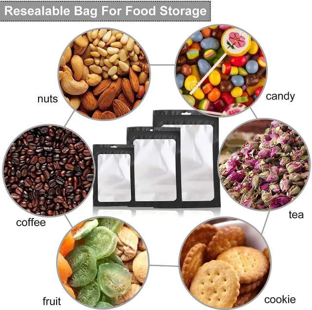 Alt view image 5 of 7 - 300 Pack 3 Sizes Resealable Mylar Bags Food Storage Smell Proof Bags with Front Window Packaging Pouch for Sample Snack Cookies Jewelry (Black, 3 x 4.7 inch,4 x 6 inch,4.7 x 7.9 inch)