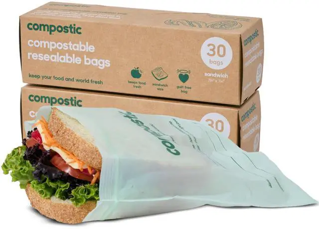 Main image of Compostable XL Sandwich Bags (60 Count) Starter Pack Resealable Zip-Seal, Plant-Based, Home Compostable, Freezer & Microwave Safe, BPA-Free, Non-Toxic, GMO-Free Food Storage Bags