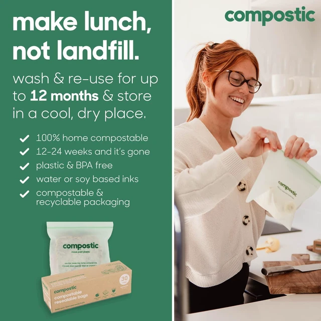 Alt view image 5 of 7 - Compostable XL Sandwich Bags (60 Count) Starter Pack Resealable Zip-Seal, Plant-Based, Home Compostable, Freezer & Microwave Safe, BPA-Free, Non-Toxic, GMO-Free Food Storage Bags