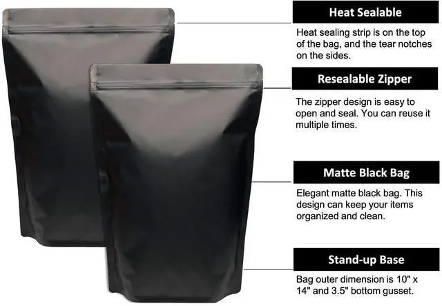 Alt view image 6 of 7 - 50 Pack 1 Gallon Matte Black Stand Up Food Storage Bags 5 Mil 10x14 Inches Resealable Food Storage Zipper Pouch Bag, Large Heat Sealable Plastic Foil Packaging Pouches