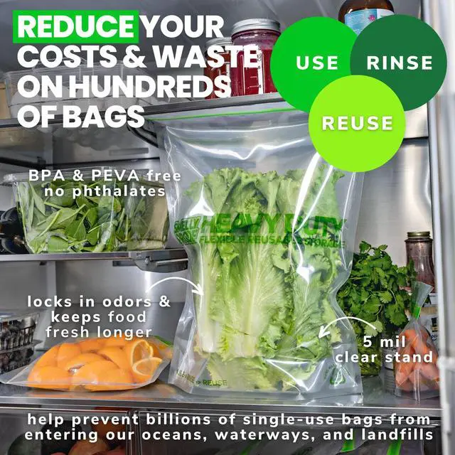Alt view image 6 of 6 - HEAVY DUTY Reusable STAND-UP Bags for Food Storage, USA Made, NO PEVA & BPA FREE, Reusable Freezer Bags, Dishwasher-Safe, Triple Zip, CLEAR 5-mils XXL 2-Gallon 12" x 16" - 5pk