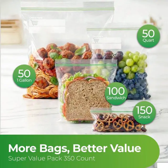 Alt view image 2 of 7 - Baggies Variety Size Pack 350 Count Food Storage Variety Pack with 50 Gallon Freezer Bags, 50 Quart Freezer Bags, 100 Sandwich Bags & 150 Snack Bags Heavy Duty Resealable Freezer Storage Bags
