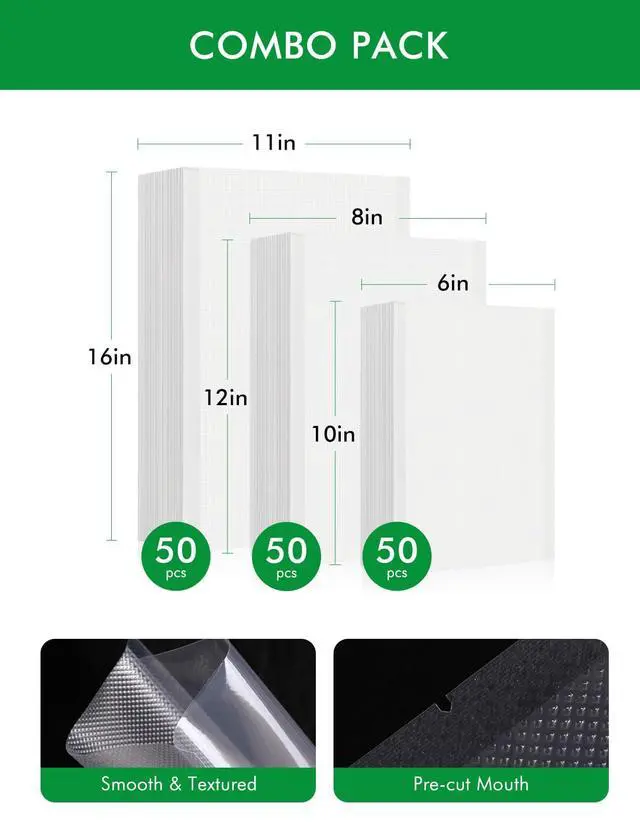 Alt view image 4 of 7 - Vacuum Sealer Bags, 11"x16" Gallon, 8"x12" Quart, 6"x10" Pint, 150Pcs