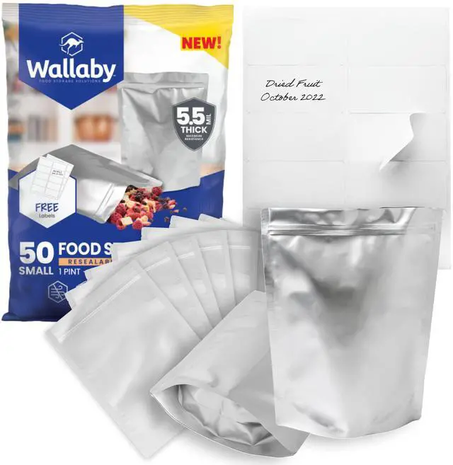 Main image of 50 Count 1-Pint Gusset Mylar Bags with Labels, 11 Mil Total Thickness Long-Term Food Storage Pouches, 8x6 Stand-Up Zipper Heat-Sealable Airtight Packaging - Silver