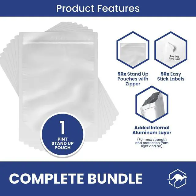 Alt view image 3 of 7 - 50 Count 1-Pint Gusset Mylar Bags with Labels, 11 Mil Total Thickness Long-Term Food Storage Pouches, 8x6 Stand-Up Zipper Heat-Sealable Airtight Packaging - Silver