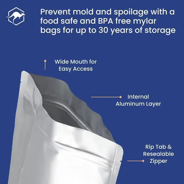 Alt view image 4 of 7 - 50 Count 1-Pint Gusset Mylar Bags with Labels, 11 Mil Total Thickness Long-Term Food Storage Pouches, 8x6 Stand-Up Zipper Heat-Sealable Airtight Packaging - Silver