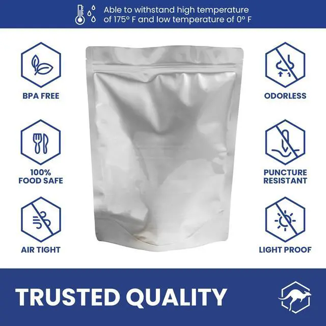 Alt view image 5 of 7 - 50 Count 1-Pint Gusset Mylar Bags with Labels, 11 Mil Total Thickness Long-Term Food Storage Pouches, 8x6 Stand-Up Zipper Heat-Sealable Airtight Packaging - Silver
