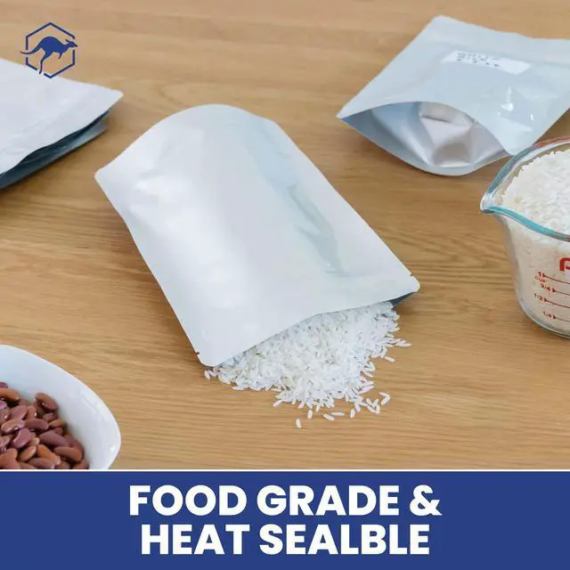 Alt view image 7 of 7 - 50 Count 1-Pint Gusset Mylar Bags with Labels, 11 Mil Total Thickness Long-Term Food Storage Pouches, 8x6 Stand-Up Zipper Heat-Sealable Airtight Packaging - Silver