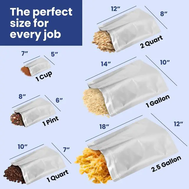Alt view image 2 of 7 - 50 Count 1-Pint Gusset Mylar Bags with Labels, 11 Mil Total Thickness Long-Term Food Storage Pouches, 8x6 Stand-Up Zipper Heat-Sealable Airtight Packaging - Silver