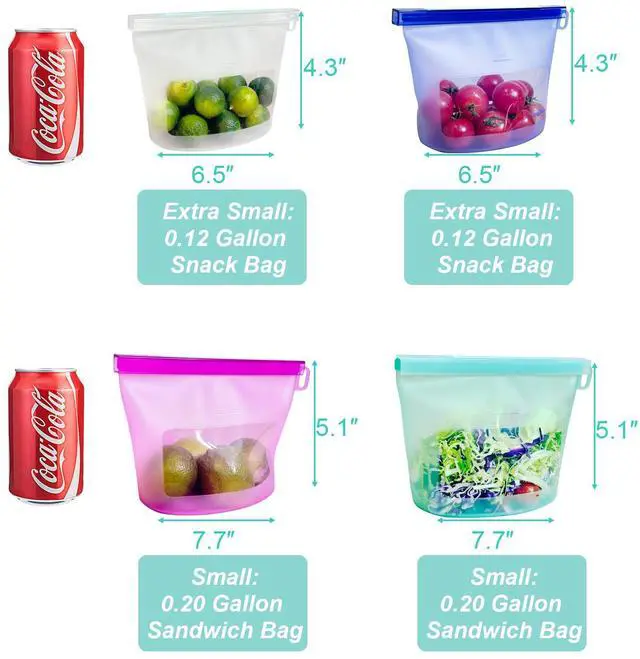 Alt view image 3 of 7 - Reusable Silicone Food Storage Bags (Set of 4), Dishwasher Oven Microwave Freezer Safe, Eco-Friendly 100% Platinum, Leakproof Sous Vide Bags, Premium Lunch Containers, 2 Snack 2 Sandwich, Mixed