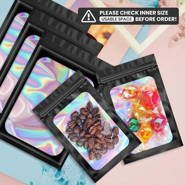 Alt view image 3 of 6 - 100 pcs Black Mylar Holographic Resealable Bags,Clear Packaging Bag Odor Proof Foil Pouch Bag for Food Storage, Lipgloss, Jewelry, Eyelash Packaging for Small Business - 3x4.7 Inch