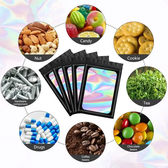 Alt view image 5 of 6 - 100 pcs Black Mylar Holographic Resealable Bags,Clear Packaging Bag Odor Proof Foil Pouch Bag for Food Storage, Lipgloss, Jewelry, Eyelash Packaging for Small Business - 3x4.7 Inch