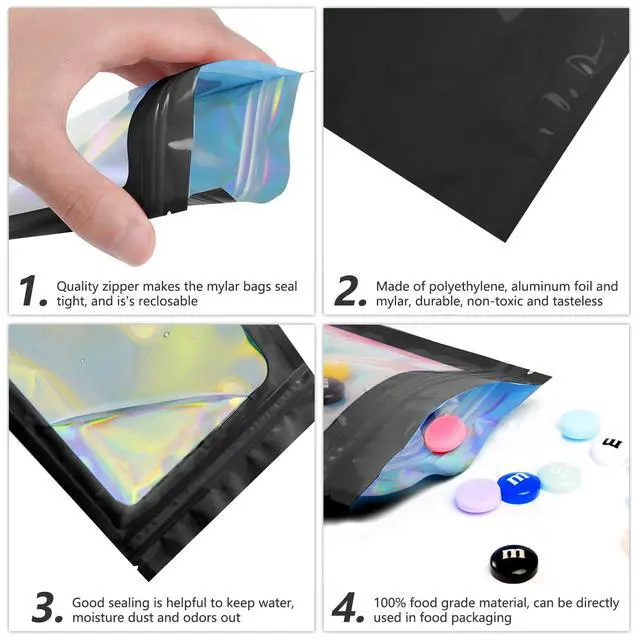 Alt view image 6 of 6 - 100 pcs Black Mylar Holographic Resealable Bags,Clear Packaging Bag Odor Proof Foil Pouch Bag for Food Storage, Lipgloss, Jewelry, Eyelash Packaging for Small Business - 3x4.7 Inch