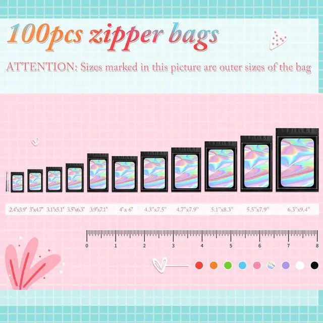 Alt view image 4 of 6 - 100 pcs Black Mylar Holographic Resealable Bags,Clear Packaging Bag Odor Proof Foil Pouch Bag for Food Storage, Lipgloss, Jewelry, Eyelash Packaging for Small Business - 3x4.7 Inch