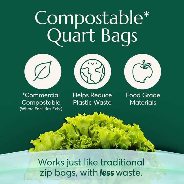 Alt view image 2 of 7 - Compostable* Quart Size Food Storage Bags (25 Eco Zip) Freezer and Leak Proof, Also Available Gallon, Snack and Sandwich Size Bags