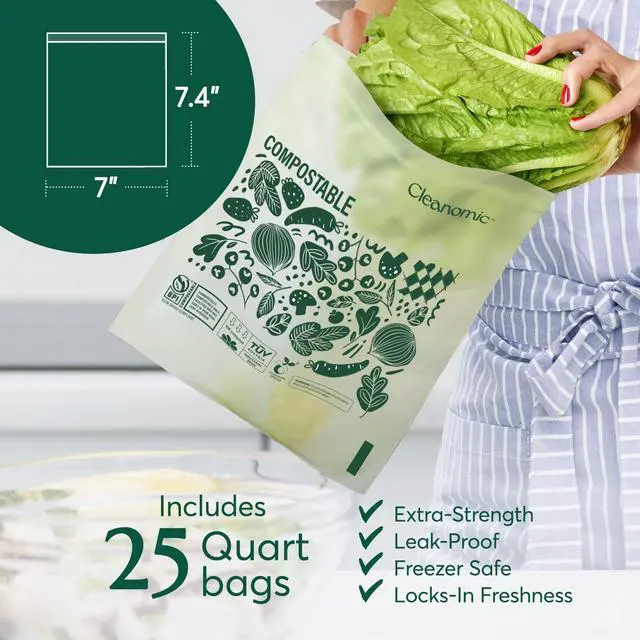 Alt view image 3 of 7 - Compostable* Quart Size Food Storage Bags (25 Eco Zip) Freezer and Leak Proof, Also Available Gallon, Snack and Sandwich Size Bags