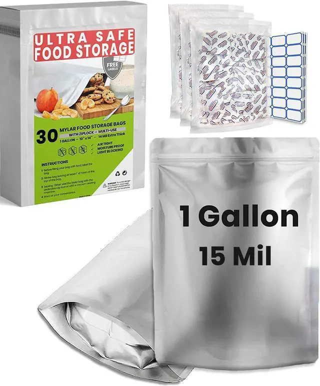 Main image of 30 Mylar Bags for Food Storage 1 Gallon - Extra Thick 15 Mil - Long Term & Food Grade - Mylar Bags with Oxygen Absorbers 400ccResealable, Stand-up Gousset - Bolsas Mylar con Abosrbentes