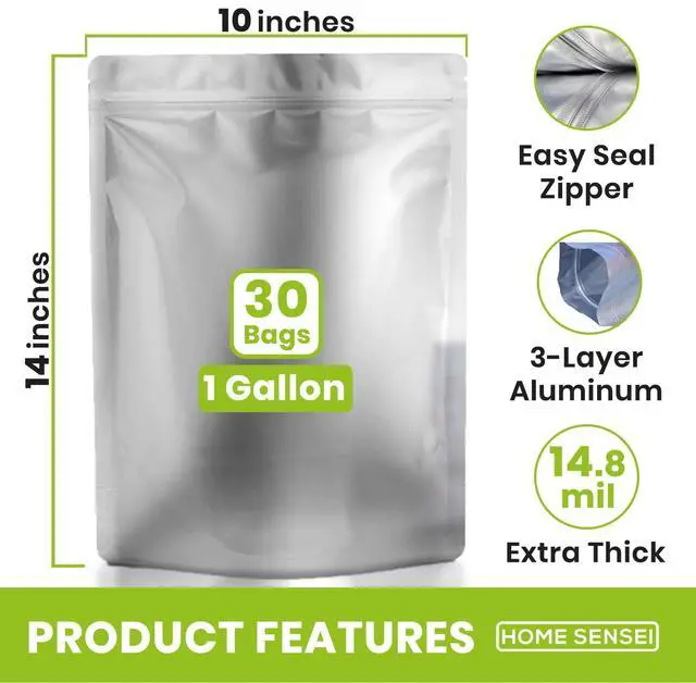 Alt view image 2 of 6 - 30 Mylar Bags for Food Storage 1 Gallon - Extra Thick 15 Mil - Long Term & Food Grade - Mylar Bags with Oxygen Absorbers 400ccResealable, Stand-up Gousset - Bolsas Mylar con Abosrbentes