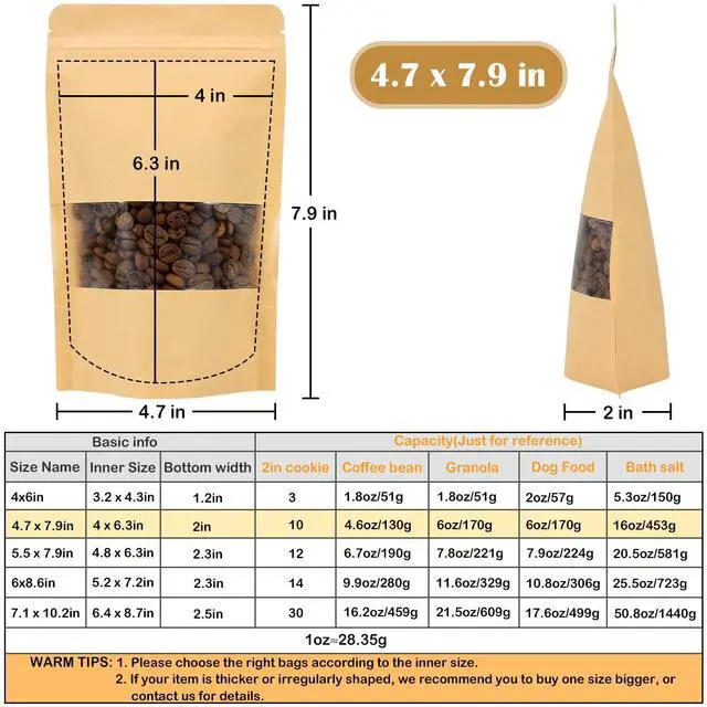 Alt view image 2 of 7 - 50 Pack Kraft Paper Stand Up Pouch Bags, Resealable Bag with Transparent Window and Tear Notch for Multipurpose Storage (4.7 X 7.9 Inches)