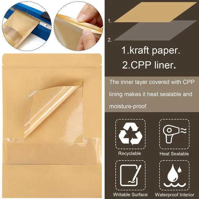 Alt view image 4 of 7 - 50 Pack Kraft Paper Stand Up Pouch Bags, Resealable Bag with Transparent Window and Tear Notch for Multipurpose Storage (4.7 X 7.9 Inches)