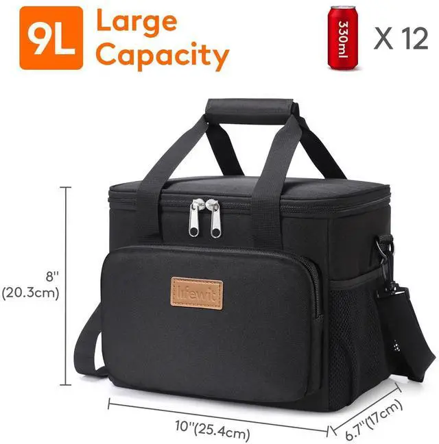 Alt view image 4 of 7 - Medium Lunch Bag, Insulated Lunch Box, Soft Cooler Cooling Tote for Adult Men Women, Black 12-Can (9L)